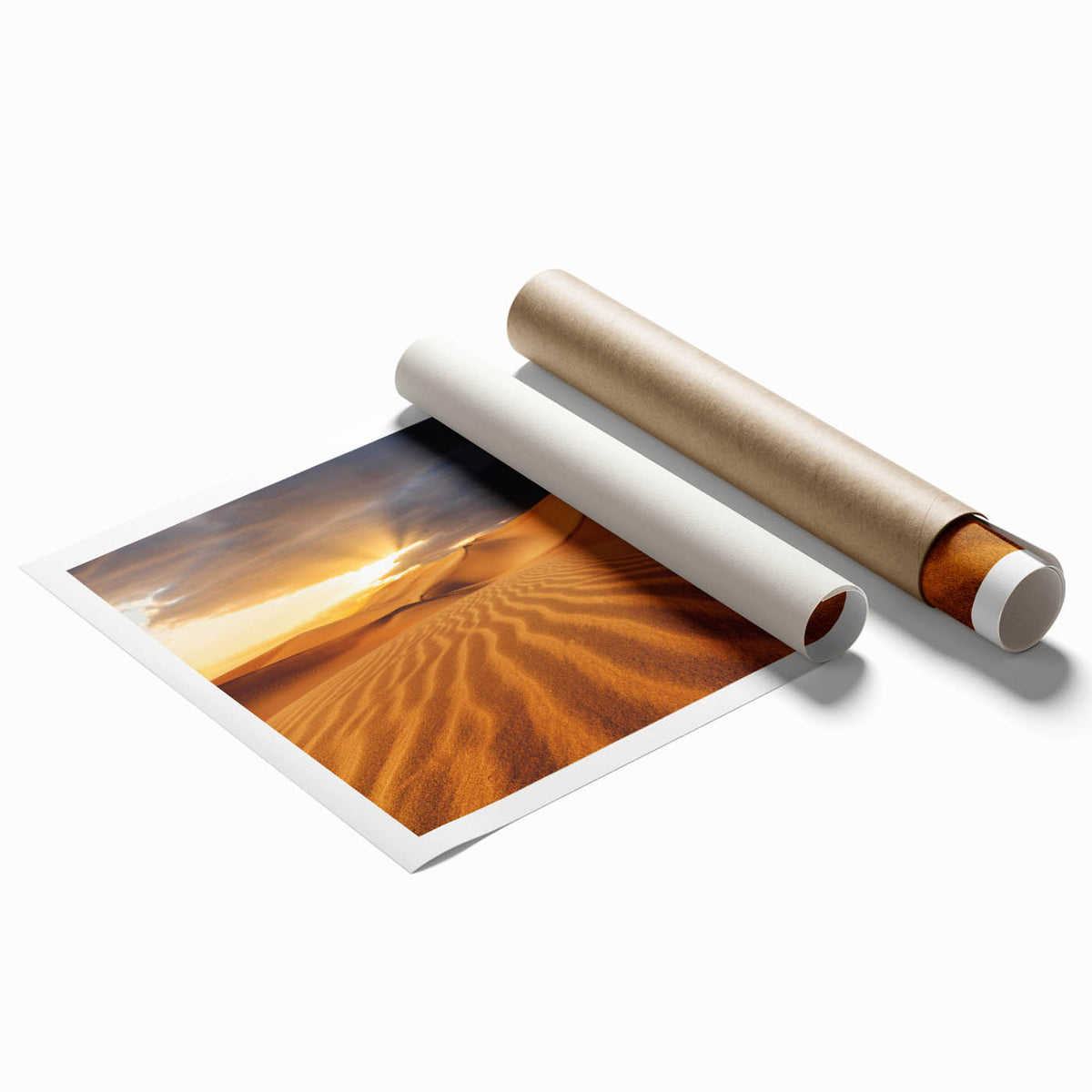 Extra large rolled print of Dubai skyline in muted earth tones, ideal for classy bathroom wall art.