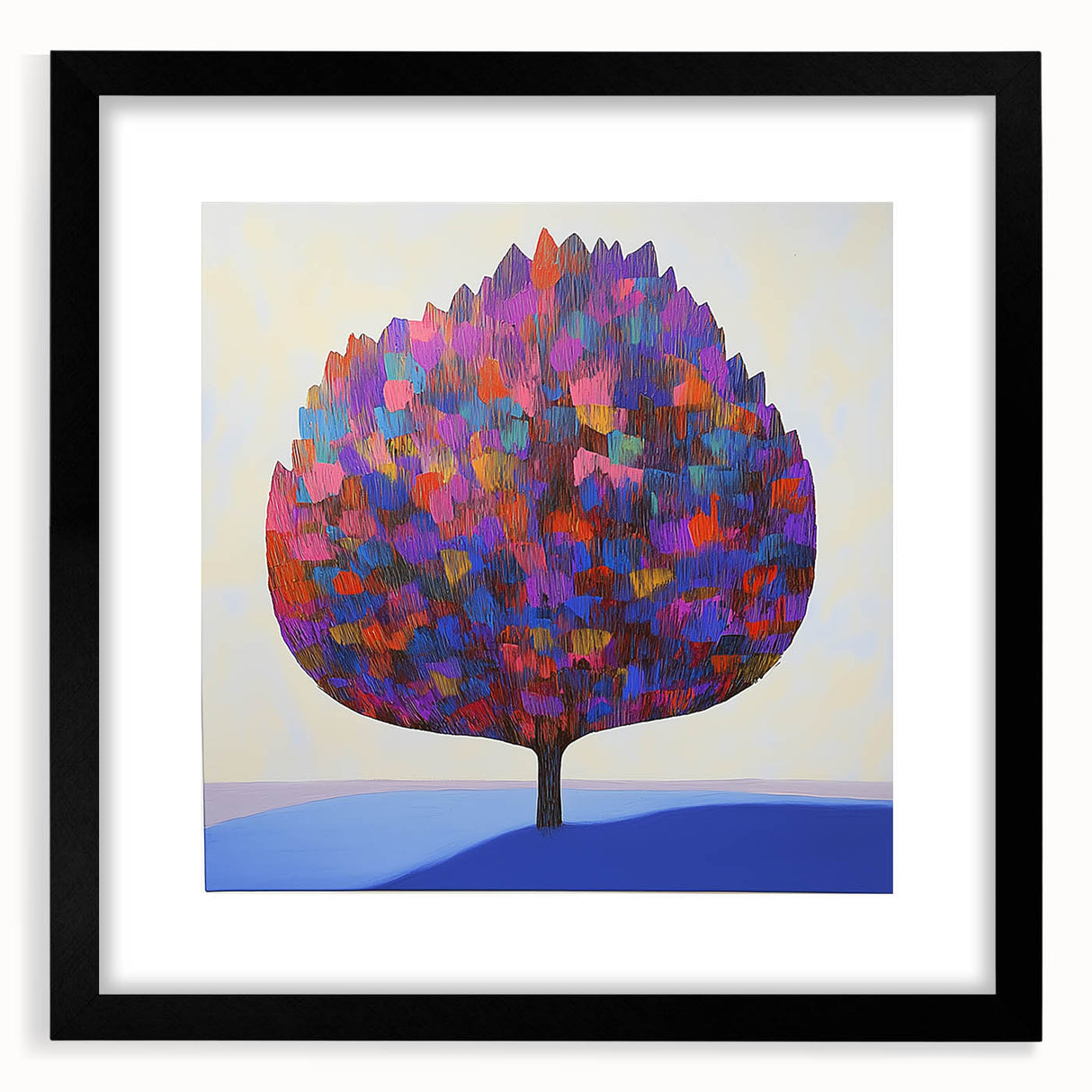 Abstract floral artwork framed in a sleek black mat, showcasing vibrant colors and intricate details, perfect for modern home decor. Ideal for adding a touch of elegance to any room.