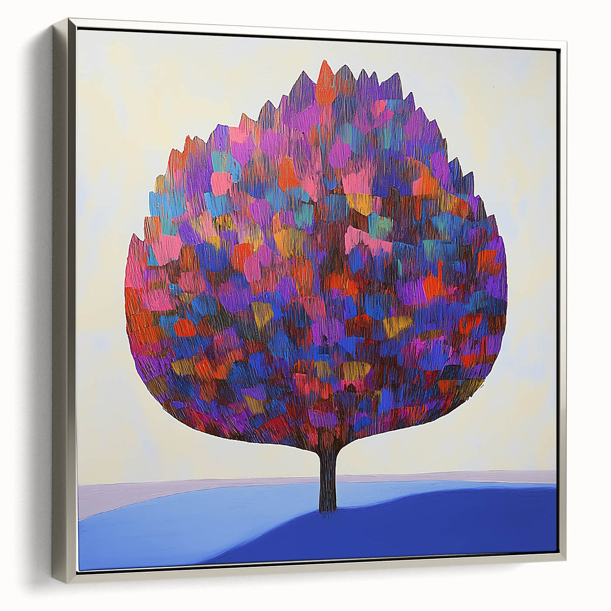 Abstract floral-themed framed canvas artwork showcasing vibrant colors of pink, blue, and gold, set in a sleek silver frame, ideal for modern home decor.