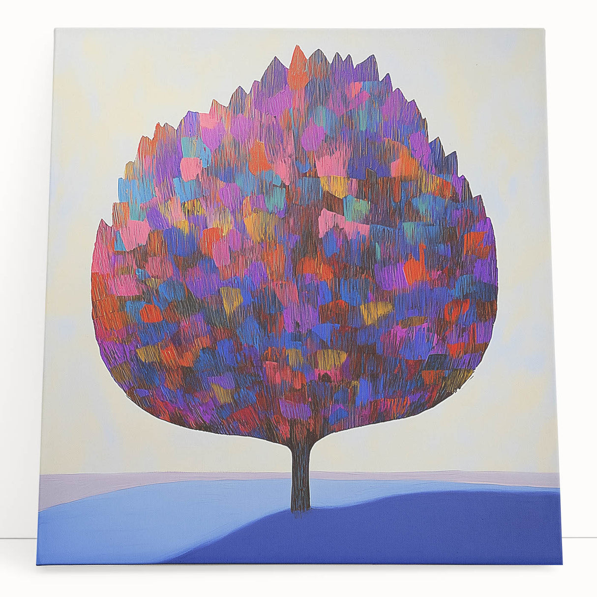 Abstract floral canvas artwork featuring vibrant colors and intricate patterns, elegantly leaning against a wall, ideal for modern home decor.