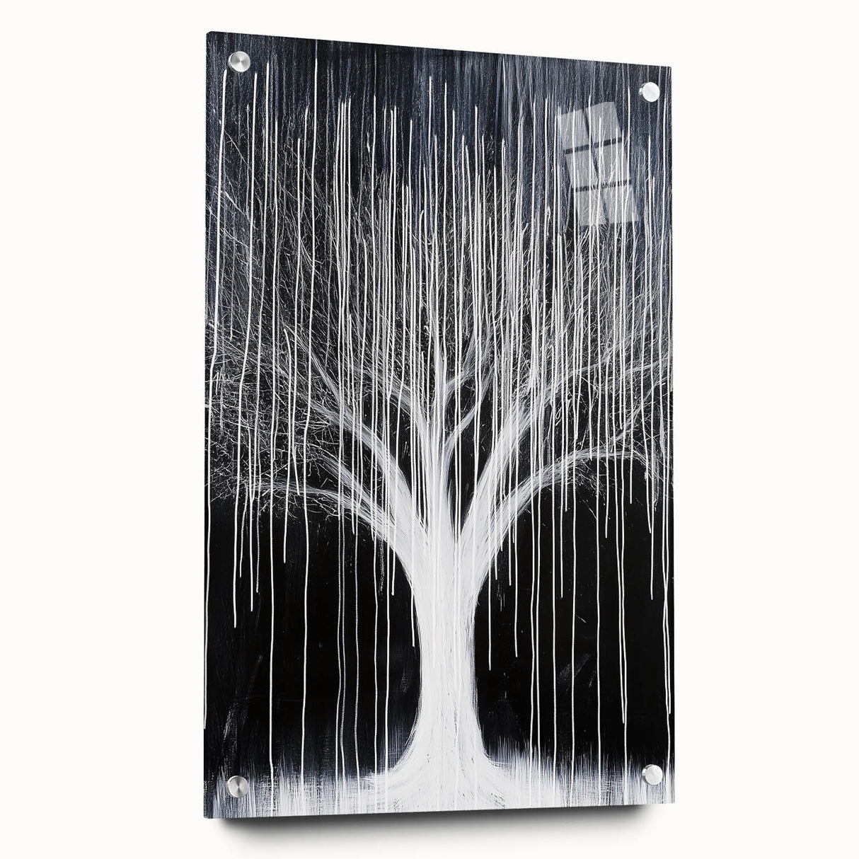 Abstract floral acrylic glass artwork showcasing vibrant colors and intricate designs, displayed from a side view with visible mounting pins, ideal for modern decor.