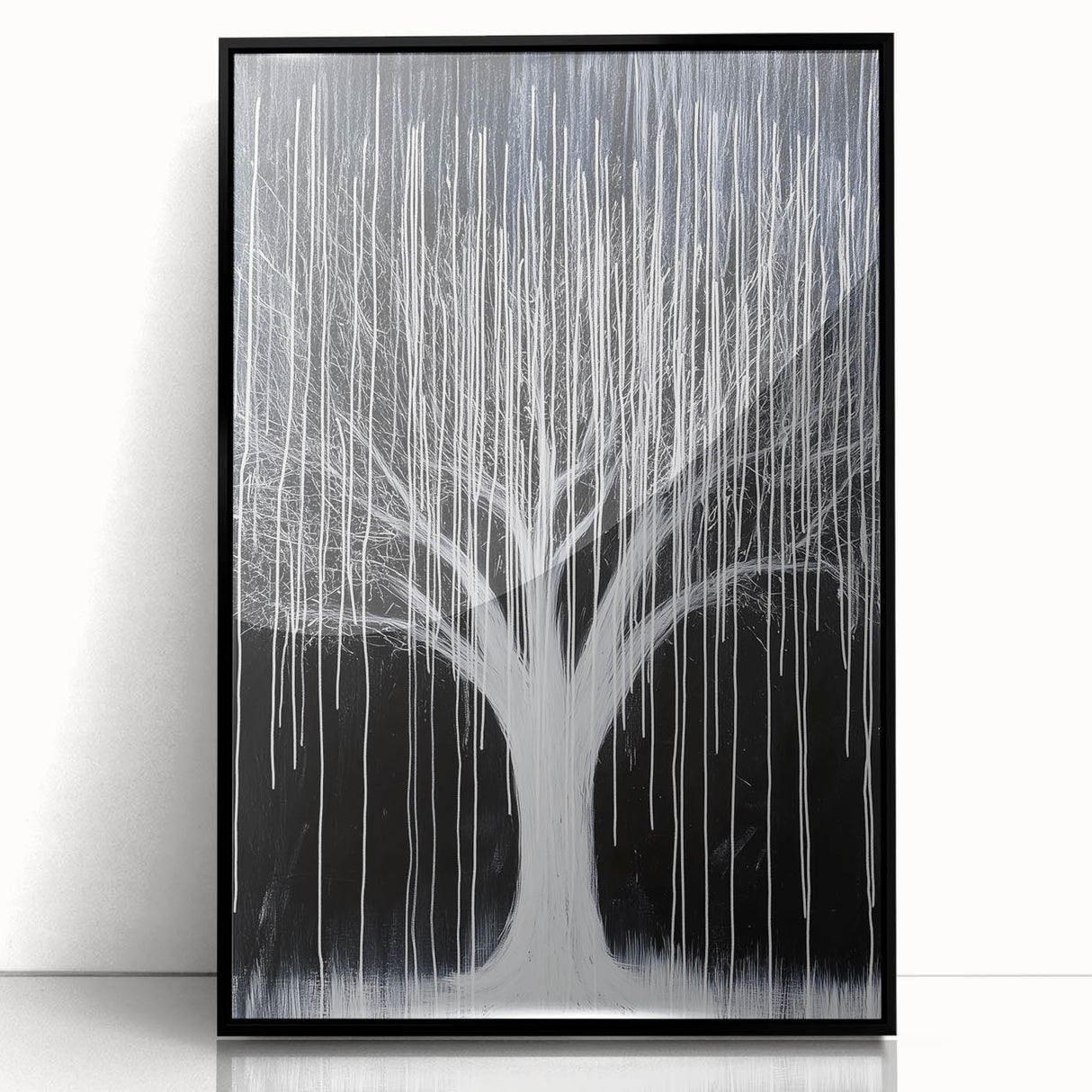 Framed abstract floral artwork with vibrant colors and intricate details, showcasing a modern design in a sleek black frame, perfect for home decor.