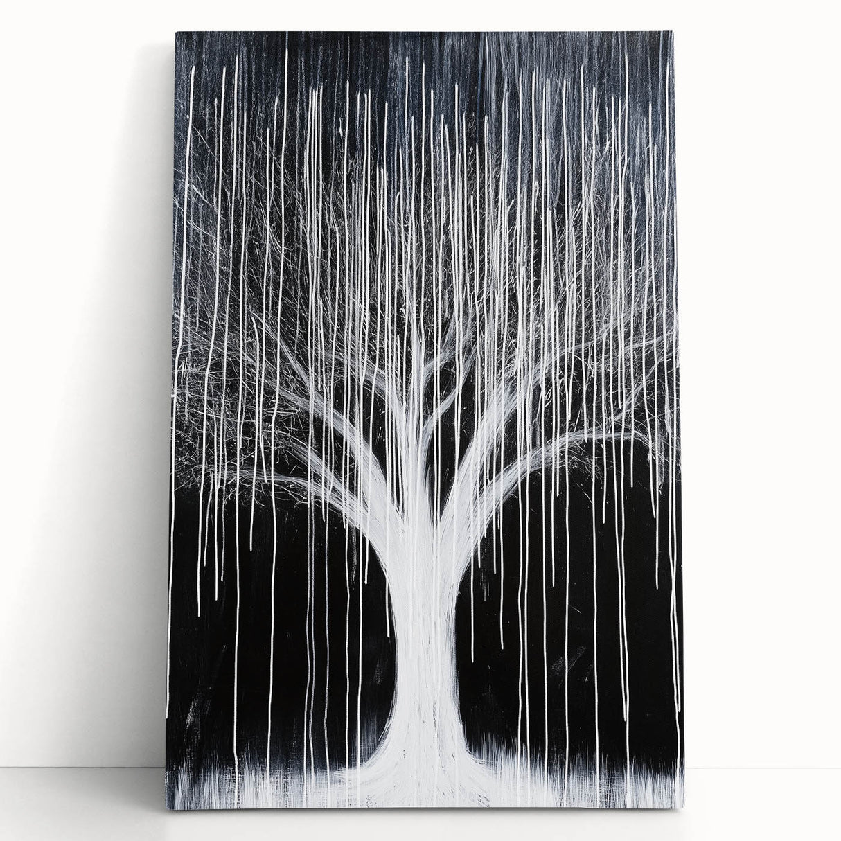 Abstract floral design on a stretched canvas, featuring vibrant colors and intricate patterns, elegantly leaning against a neutral wall, perfect for modern home decor.