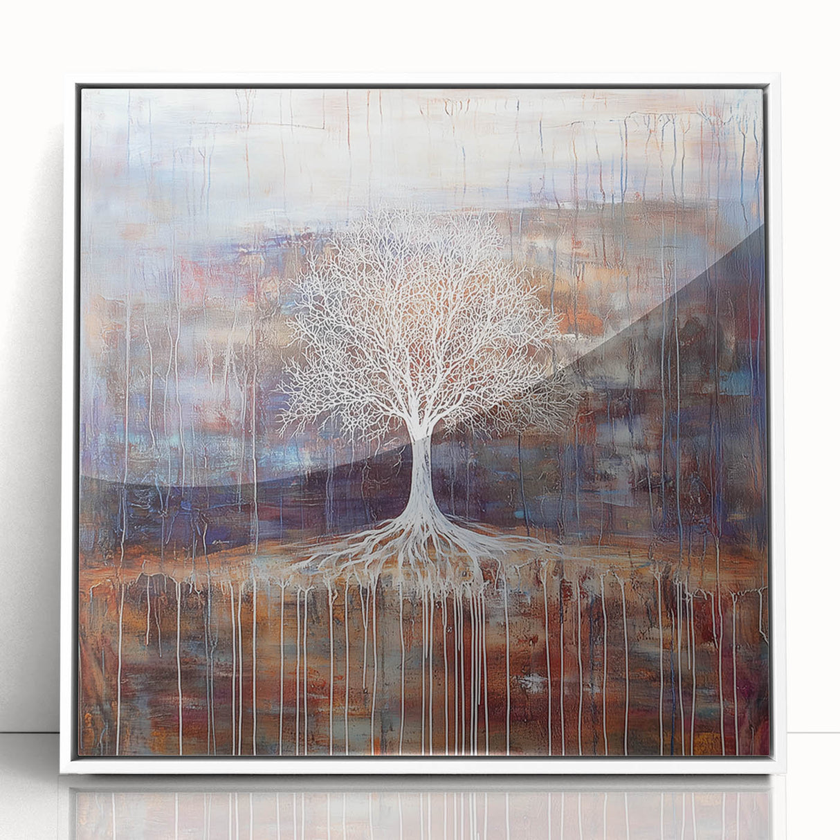 Framed acrylic art piece showcasing vibrant abstract florals in shades of pink, blue, and green, set against a sleek white background, ideal for modern home decor.