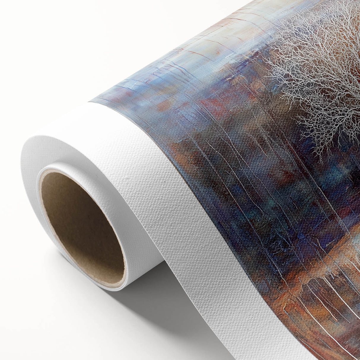 Abstract floral design on rolled canvas, showcasing vibrant colors and intricate patterns, packaged securely in a durable cardboard tube for delivery. Perfect for home decor enthusiasts seeking unique artwork.