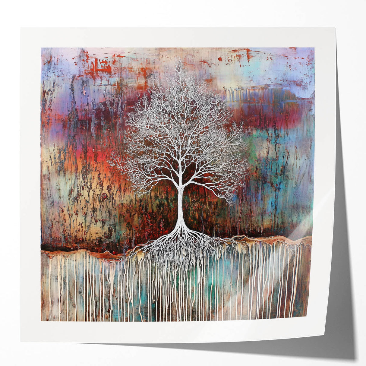 Abstract floral art print displayed in a glossy mockup, showcasing vibrant colors and intricate designs, ideal for modern home decor and artistic settings.