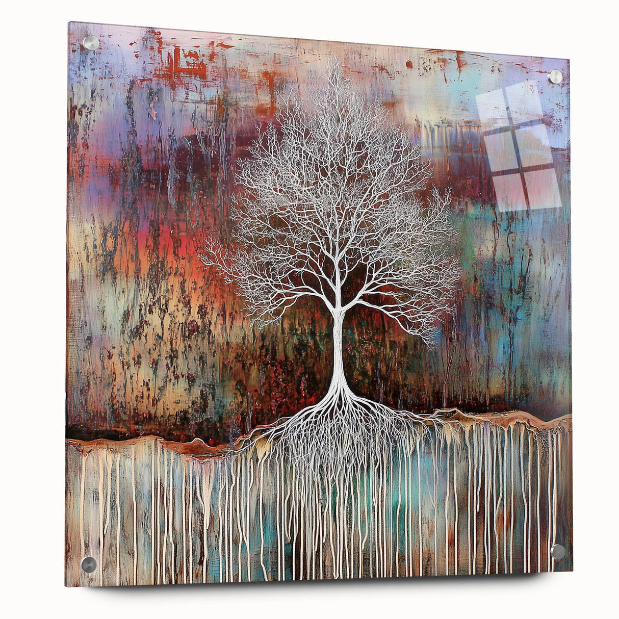 Abstract floral acrylic art piece displayed from a side view, showcasing vibrant colors and intricate patterns, secured with decorative pins for enhanced presentation.