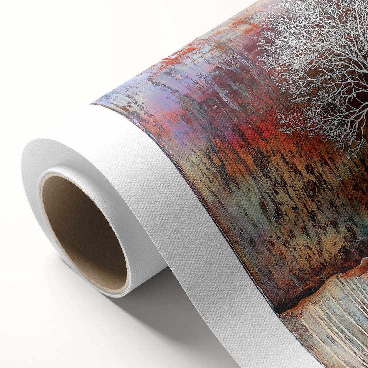 Abstract floral rolled canvas art featuring vibrant colors and intricate designs, elegantly packaged in a protective tube for easy display and transport. Ideal for modern home decor.