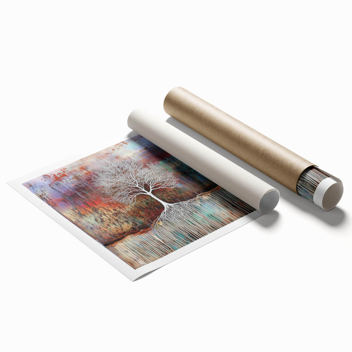 Abstract floral design rolled canvas print showcasing vibrant colors and intricate patterns, elegantly packaged in a protective cardboard tube for art enthusiasts and decorators. Perfect for enhancing home or office decor with a touch of modern elegance.