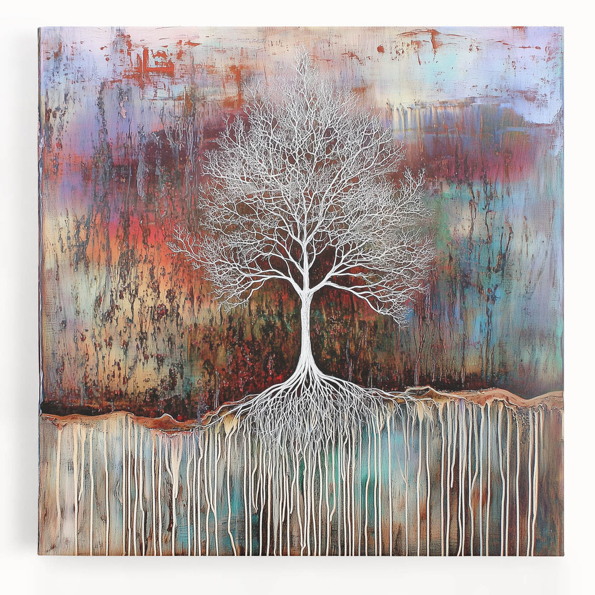 Abstract floral canvas art showcasing vibrant colors and intricate designs, perfect for modern home decor. Stretched on a wooden frame, this artwork adds elegance to any room.