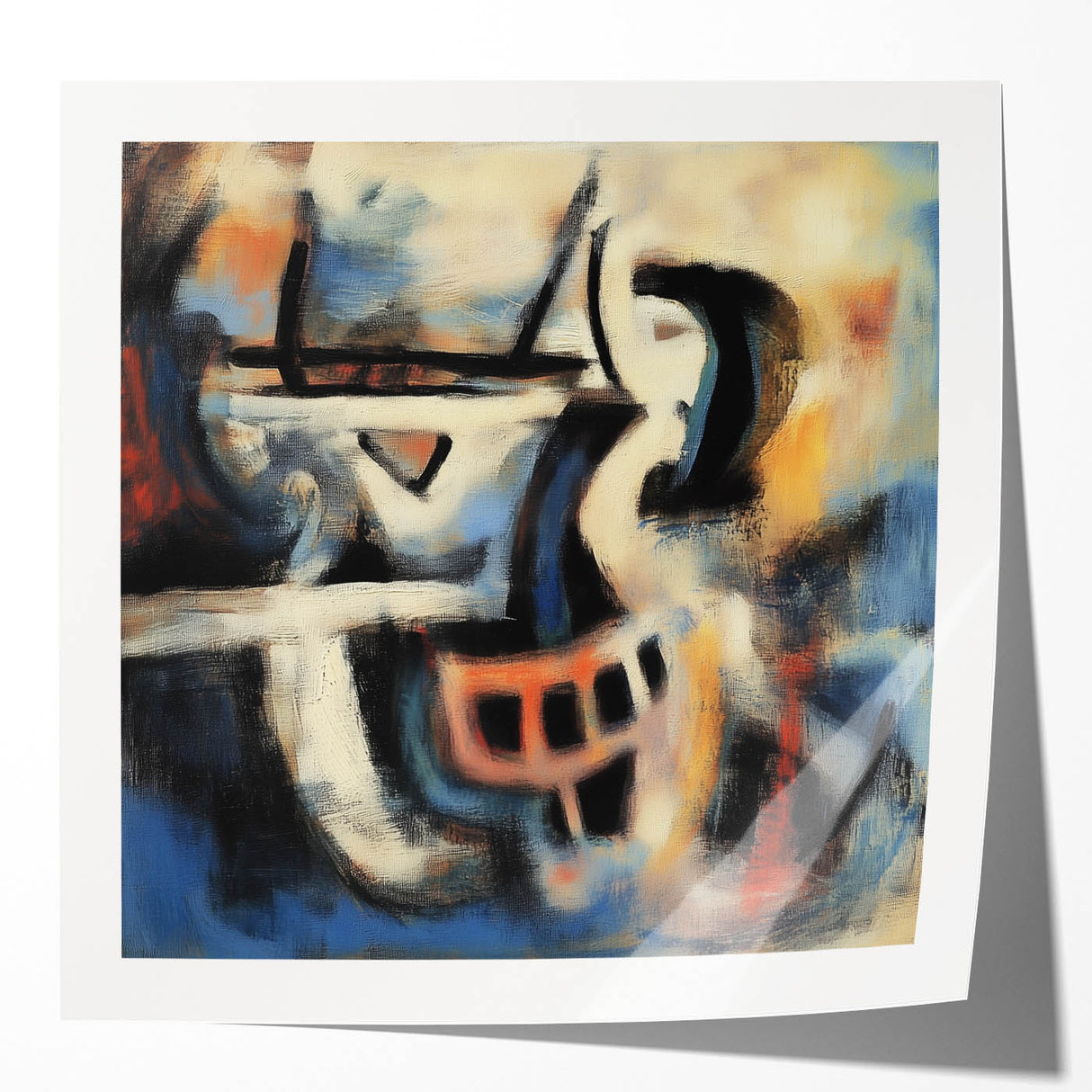 Abstract art print mockup showcasing colorful splatters in vibrant hues of blue, pink, and yellow on a glossy surface, ideal for modern decor settings.