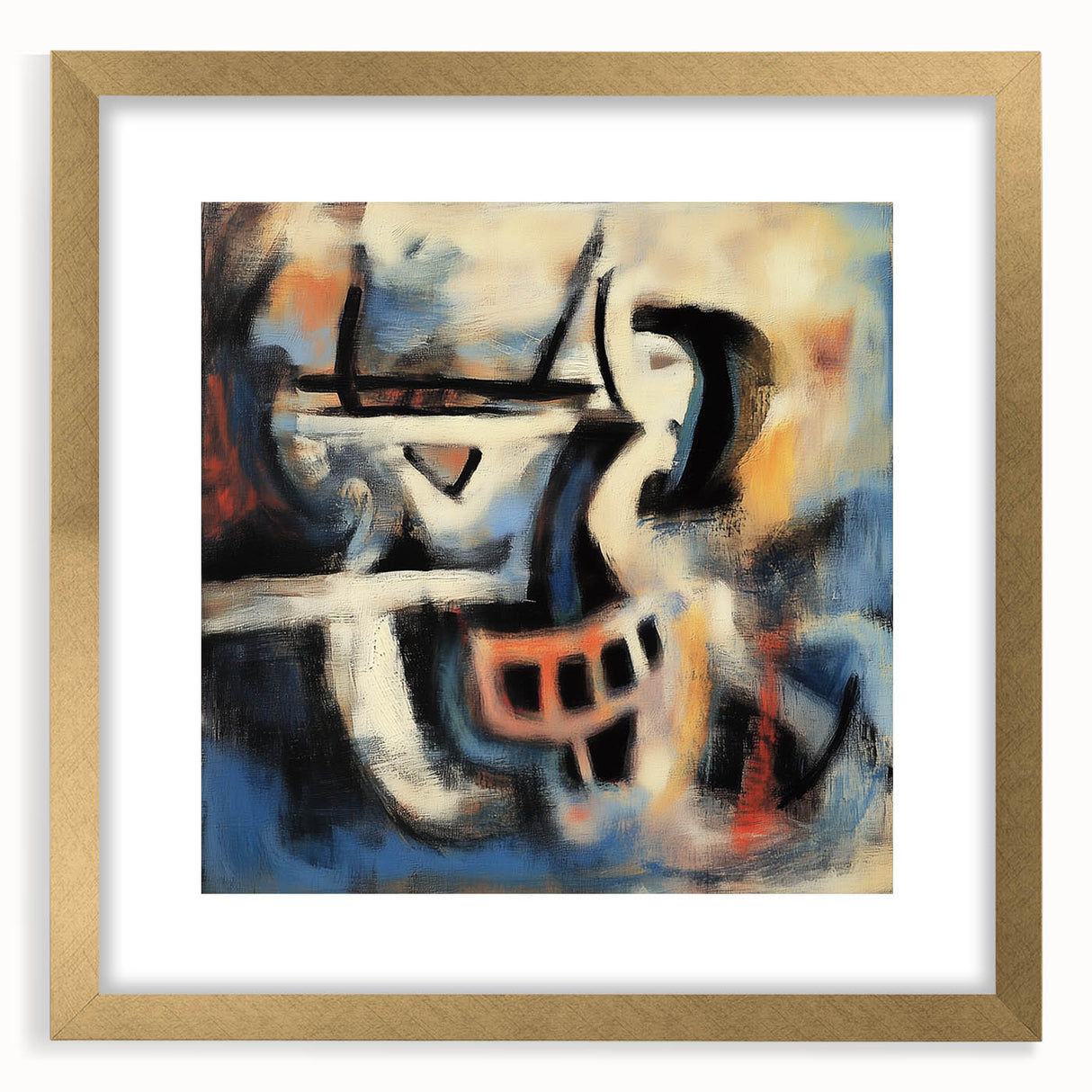 Abstract gold-framed art print featuring colorful splatters on a white background, ideal for modern decor. The mat enhances the vibrant colors, adding elegance to any room.