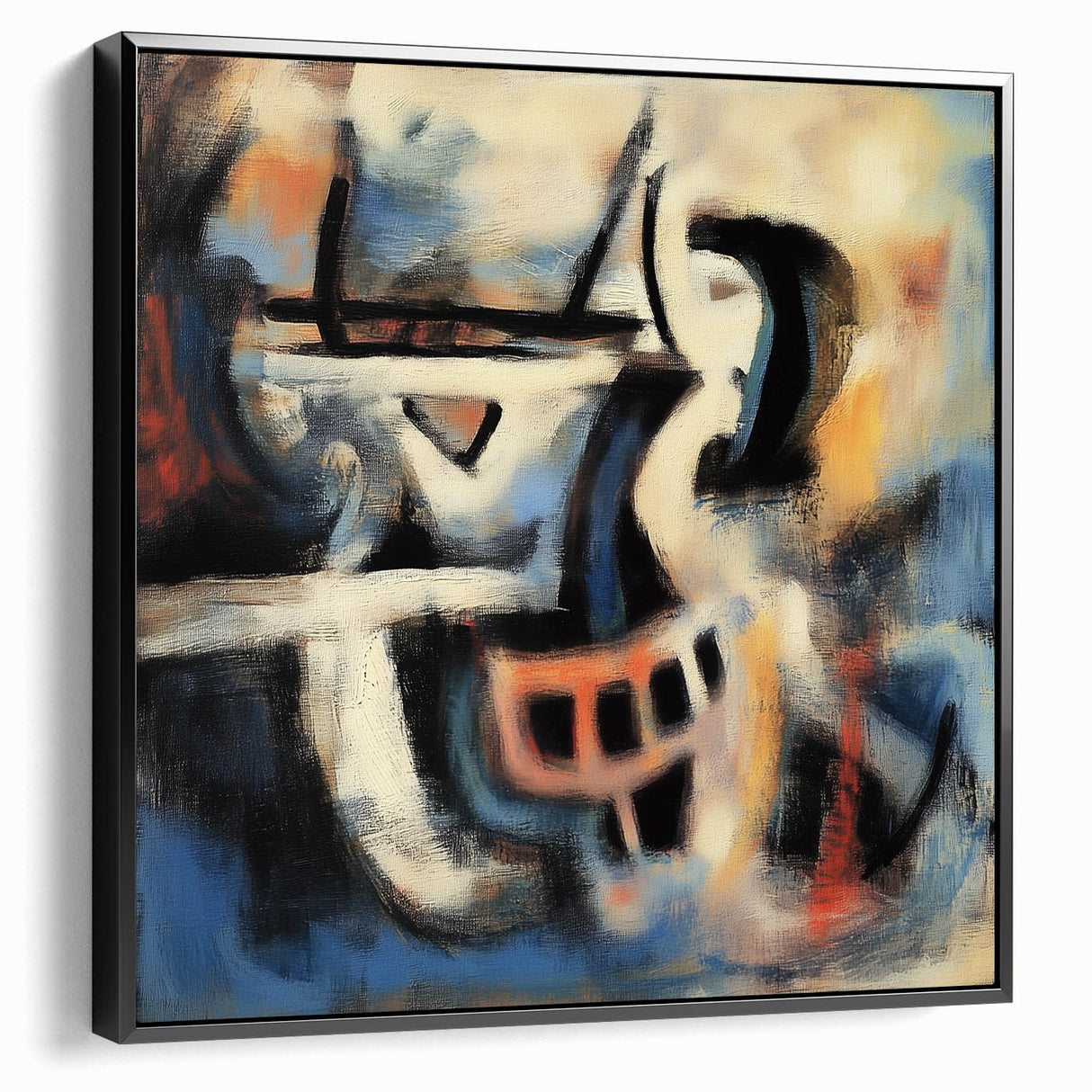 Framed canvas artwork showcasing abstract black splatters on a textured surface, viewed from the side, perfect for modern home decor and artistic interiors.