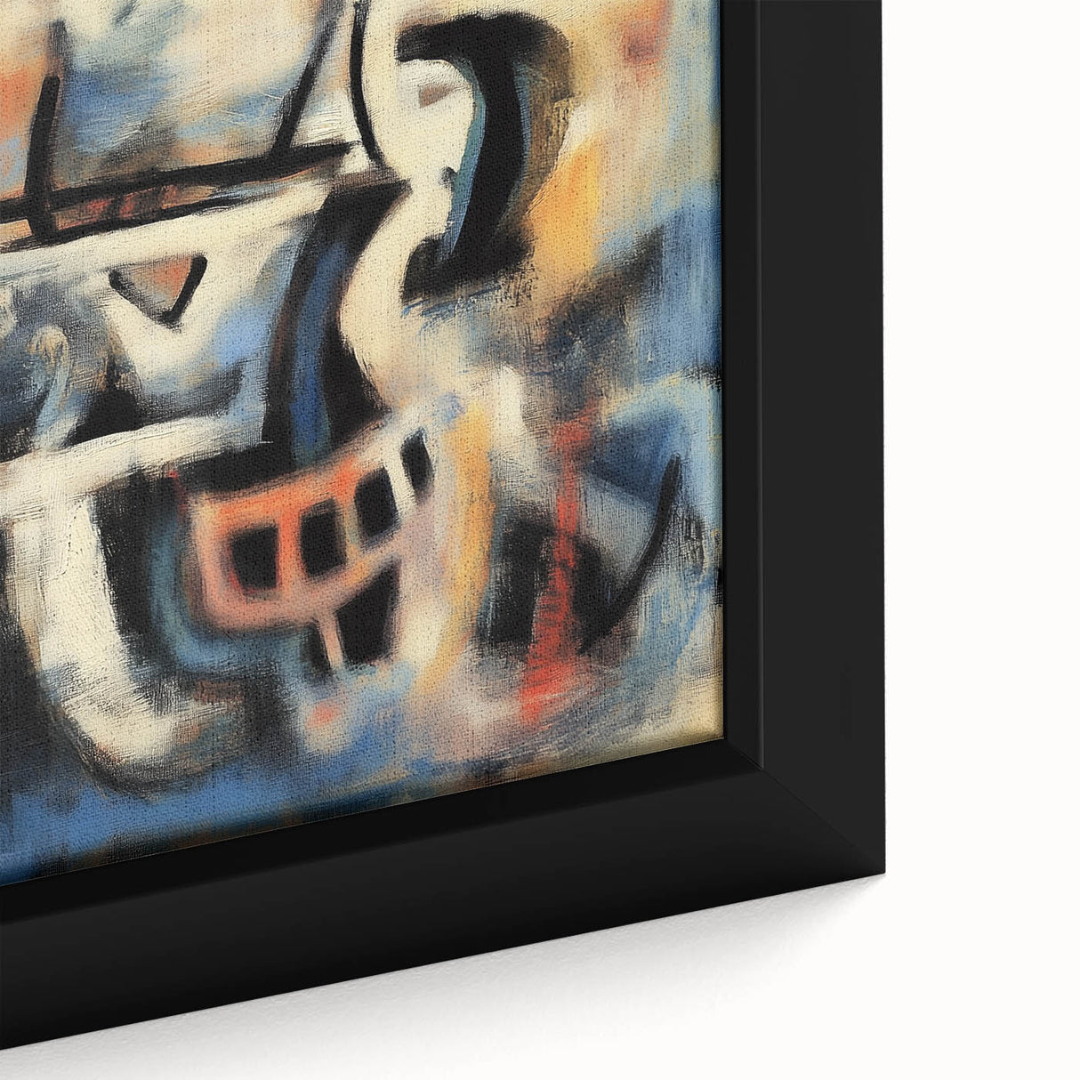 Close-up of a vibrant abstract art canvas featuring colorful splatters in shades of blue, yellow, and pink, elegantly framed for a modern decor accent.