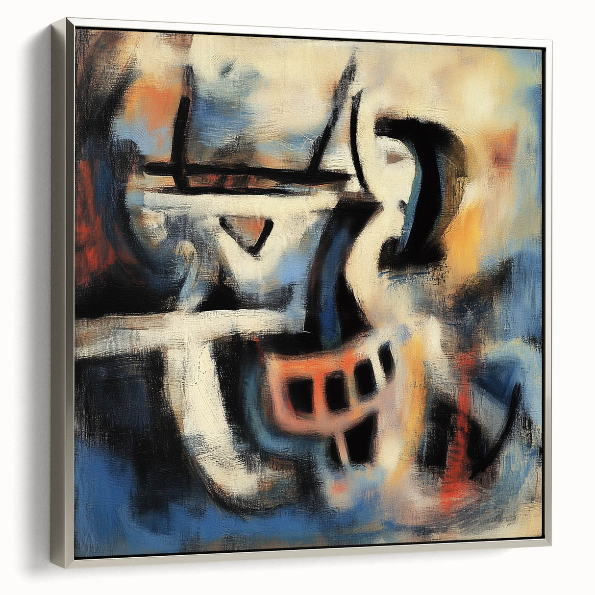 Framed canvas artwork showcasing abstract splatter designs in vibrant colors, set in a sleek silver frame. Perfect for modern home decor or art enthusiasts.