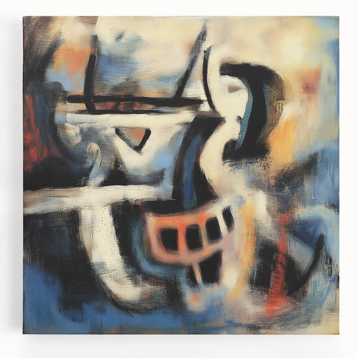 Abstract splatter art on stretched canvas showcasing vibrant colors like blue, pink, and yellow, perfect for modern home decor. Ideal for art enthusiasts seeking unique wall accents.