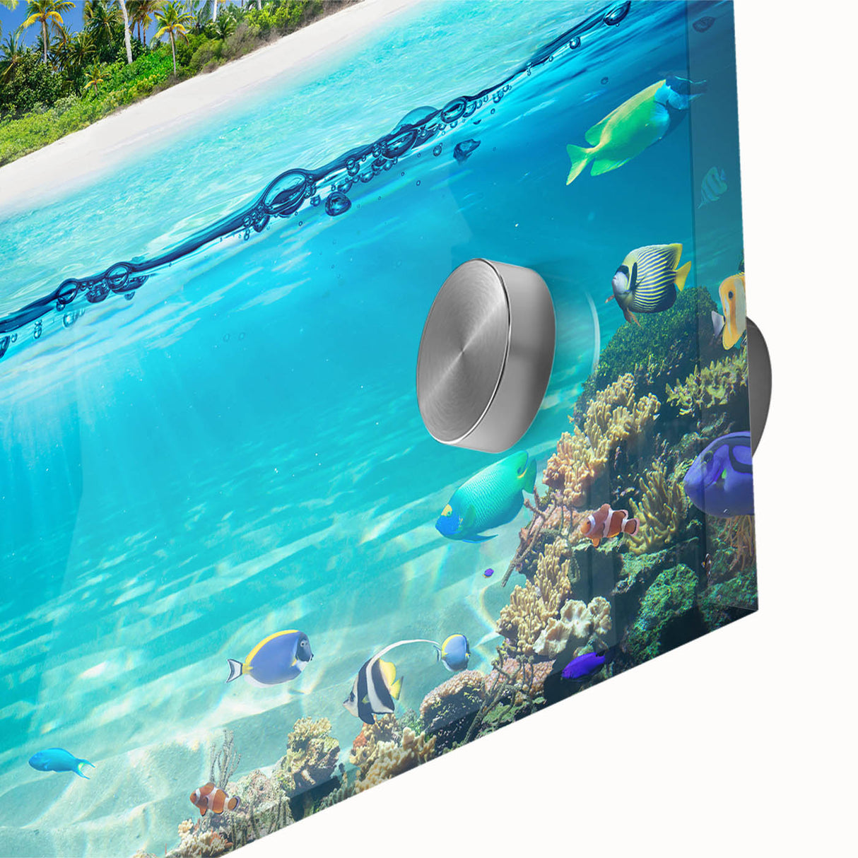 Large abstract wall art featuring a Seychelles scenery in muted blue and green tones on acrylic glass.