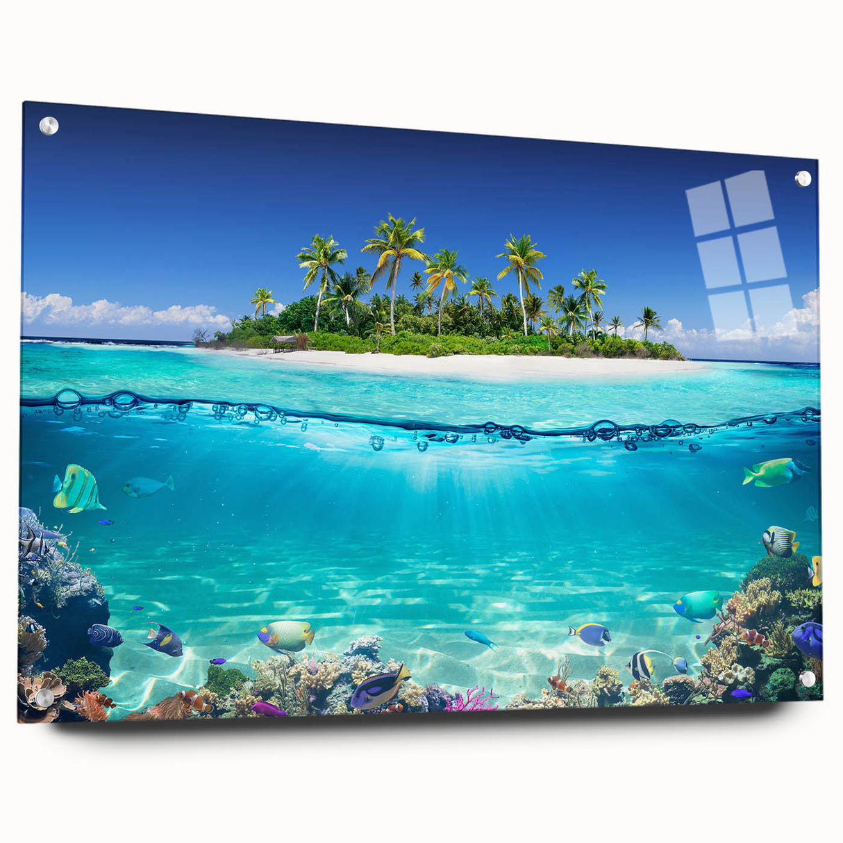 Acrylic print of a serene Seychelles landscape, featuring lush greenery and ocean, ideal for bedroom or dining room decor.