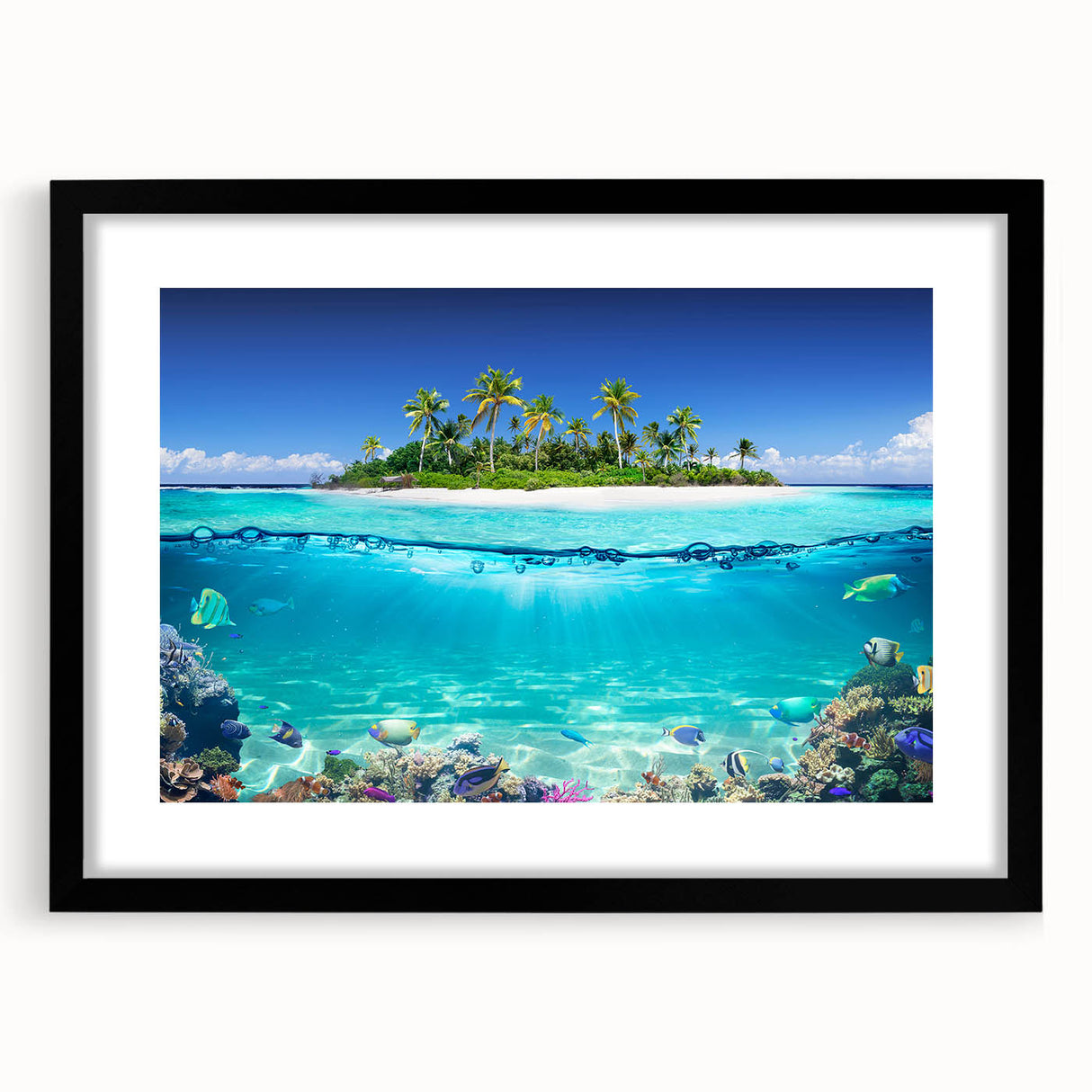 Extra large abstract art print of Seychelles scenery in vibrant colors on a textured canvas, framed in black.