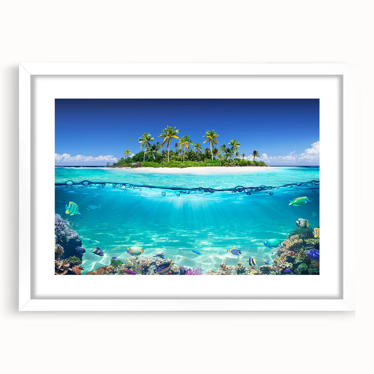 Abstract art print of Seychelles scenery in muted blue and green tones on a white-framed mat, ideal for dining room decor.