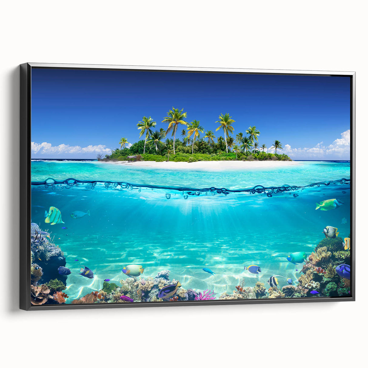 Black and white framed canvas featuring a vintage poster-style landscape of Seychelles, ideal for bedroom decor.
