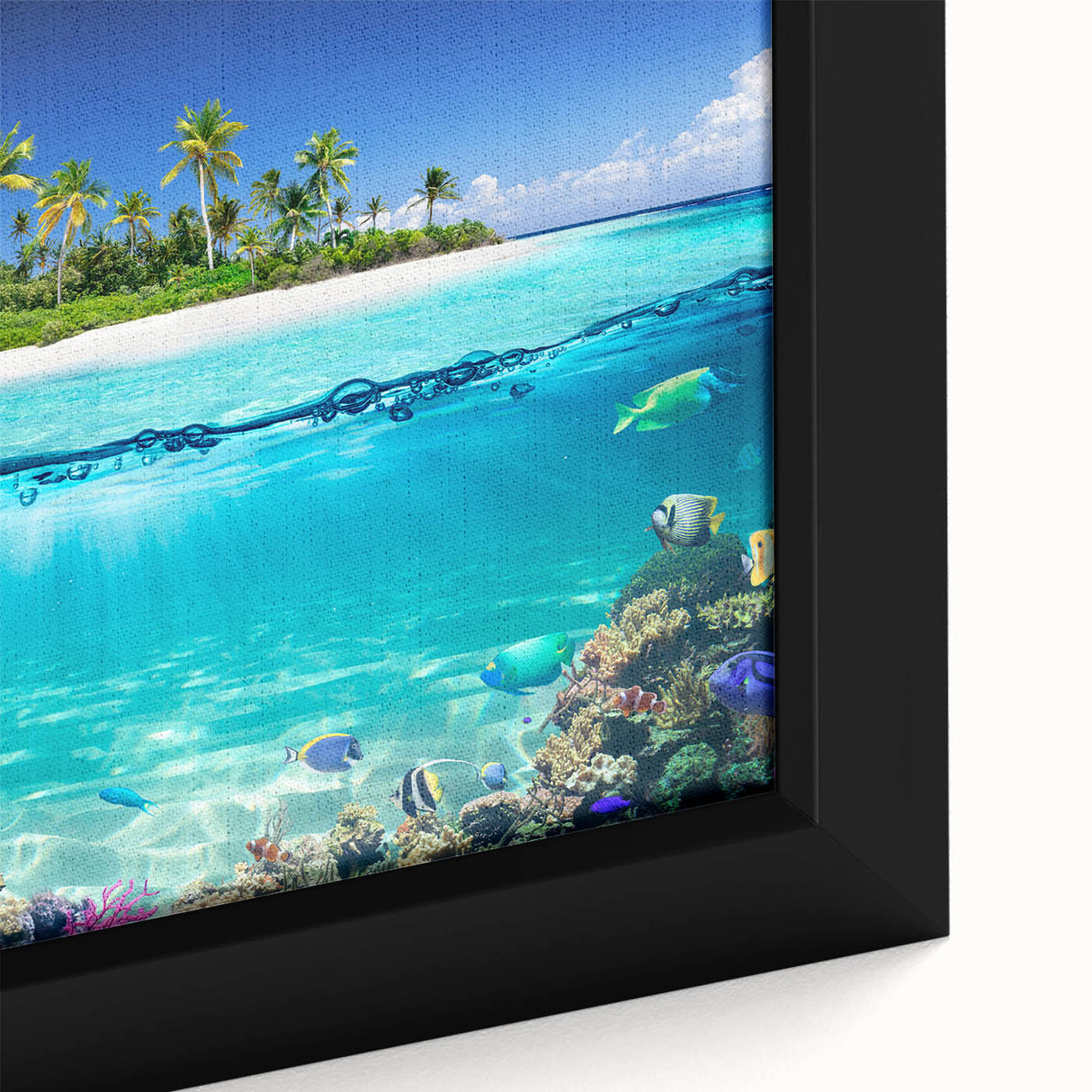 Extra large framed canvas of a colorful, textured African Seychelles scenery, ideal for living room decor.