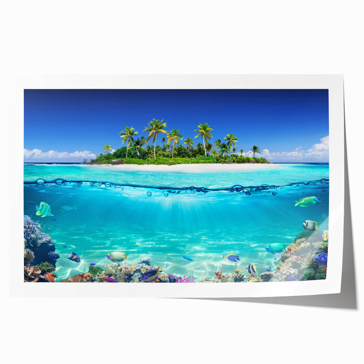 Extra large rolled print of Seychelles scenery with lush florals and ocean view, ideal for art wall dining room decor.