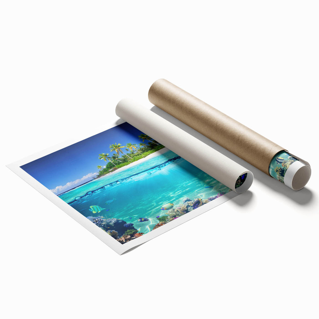 Extra large rolled canvas print featuring a serene Seychelles landscape with vibrant green and blue tones.