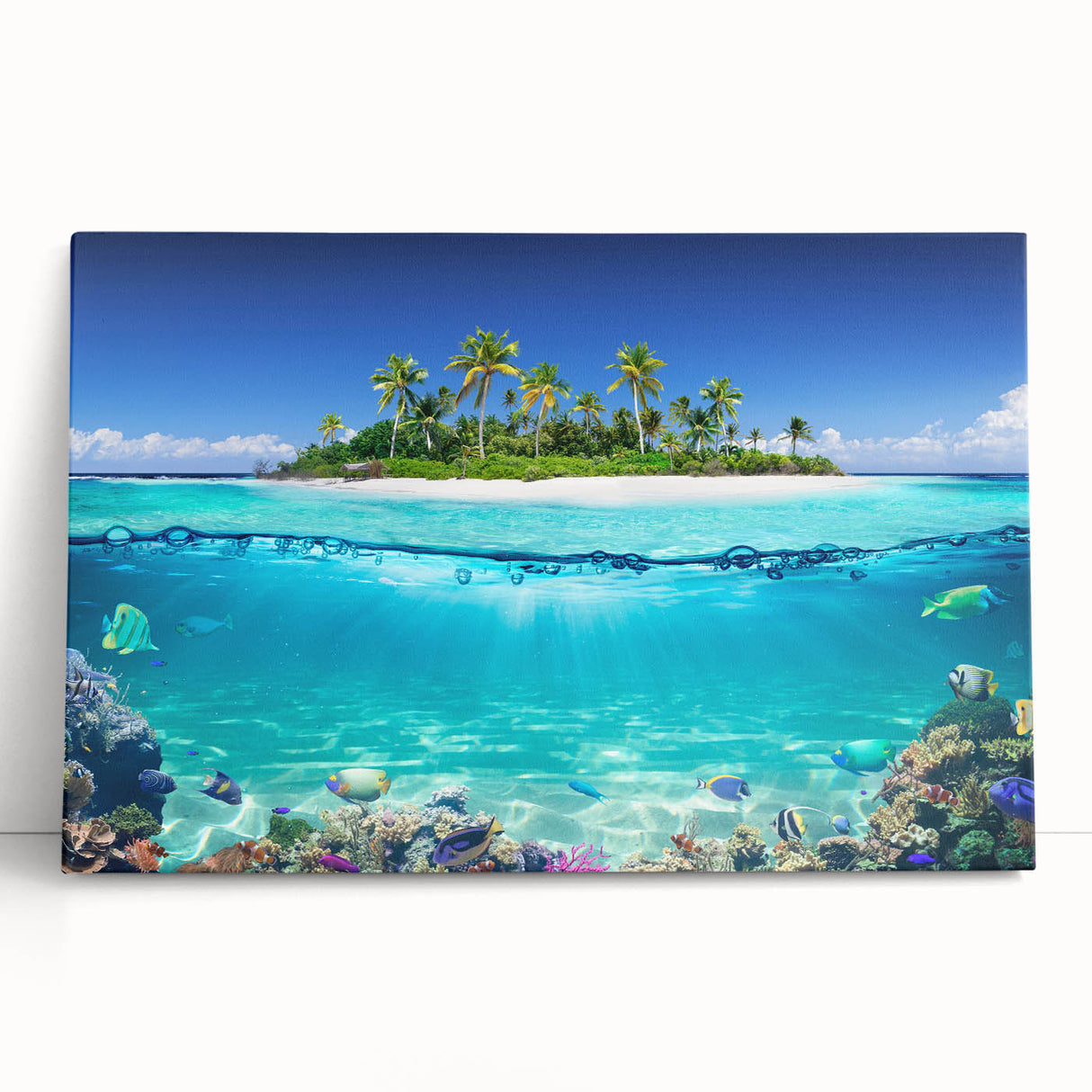 Black and white photo of Seychelles scenery on stretched canvas, ideal for kitchen wall art.