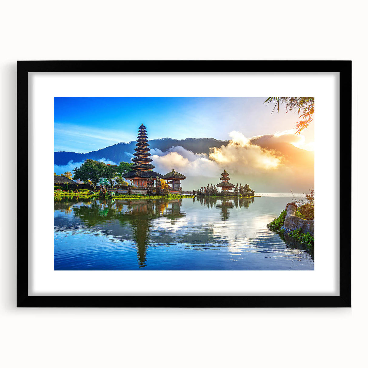 Extra large abstract art print featuring a colorful, textured scene of an Indonesian landscape on a framed black mat.