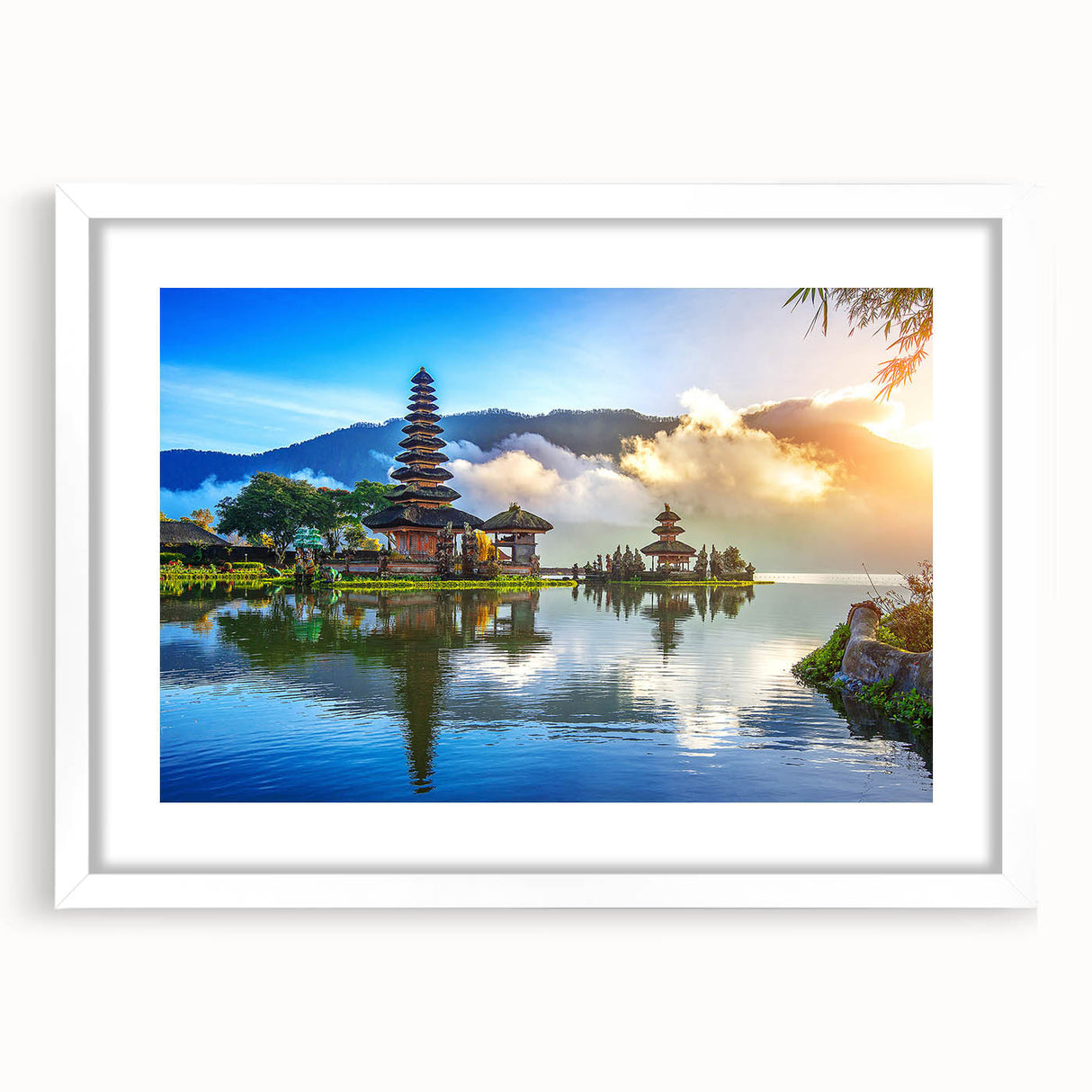 Abstract art print of Indonesian scenery in muted earth tones on a white framed mat, ideal for dining room decor.