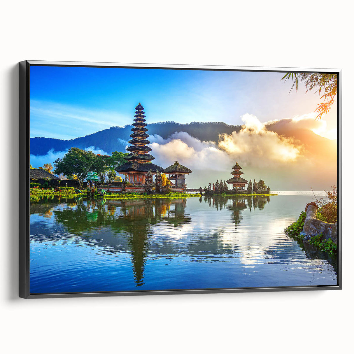 Black and white framed canvas of an Indonesian landscape, ideal for bedroom wall art.