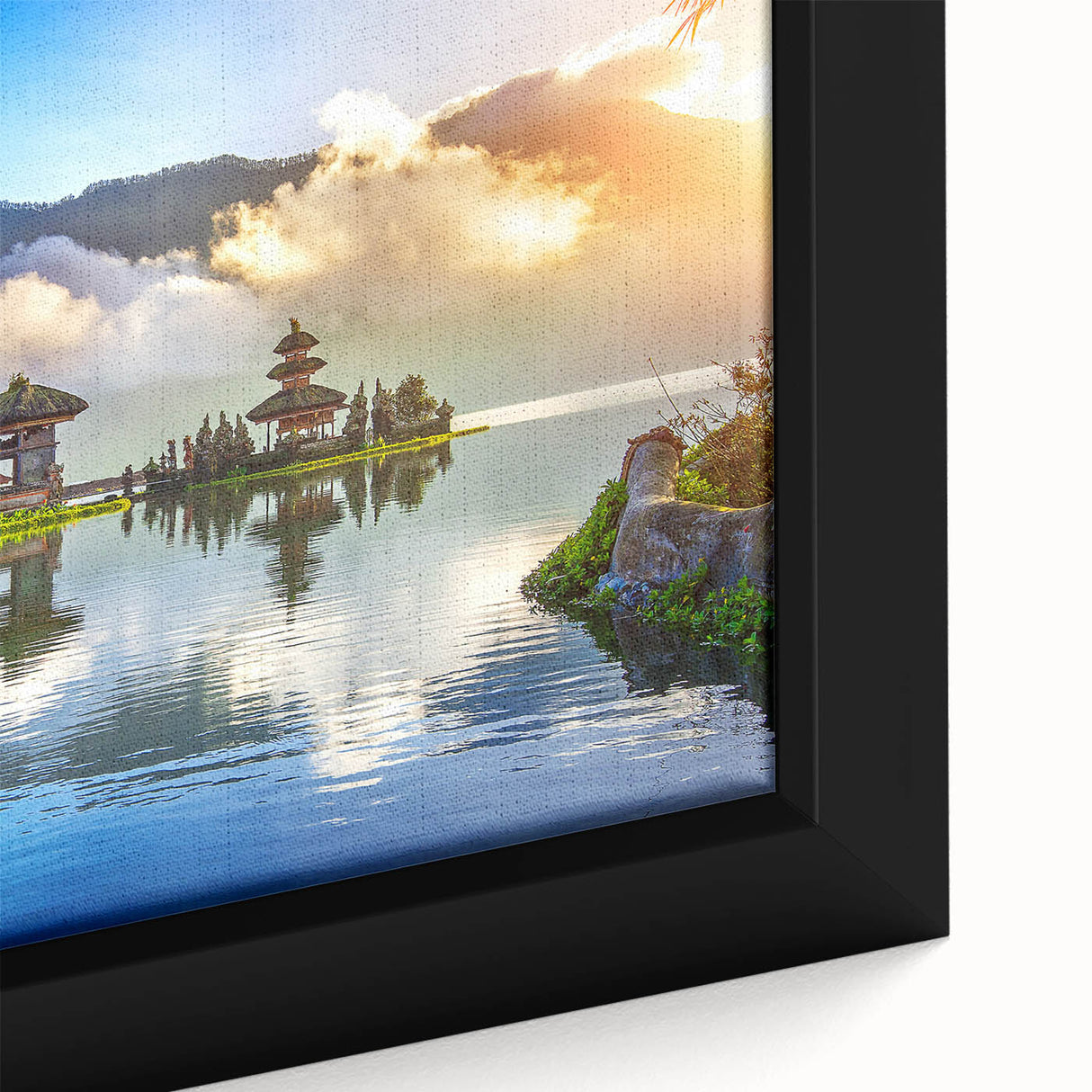 Extra large framed canvas featuring a textured, black wall art of a vibrant Indonesian landscape.