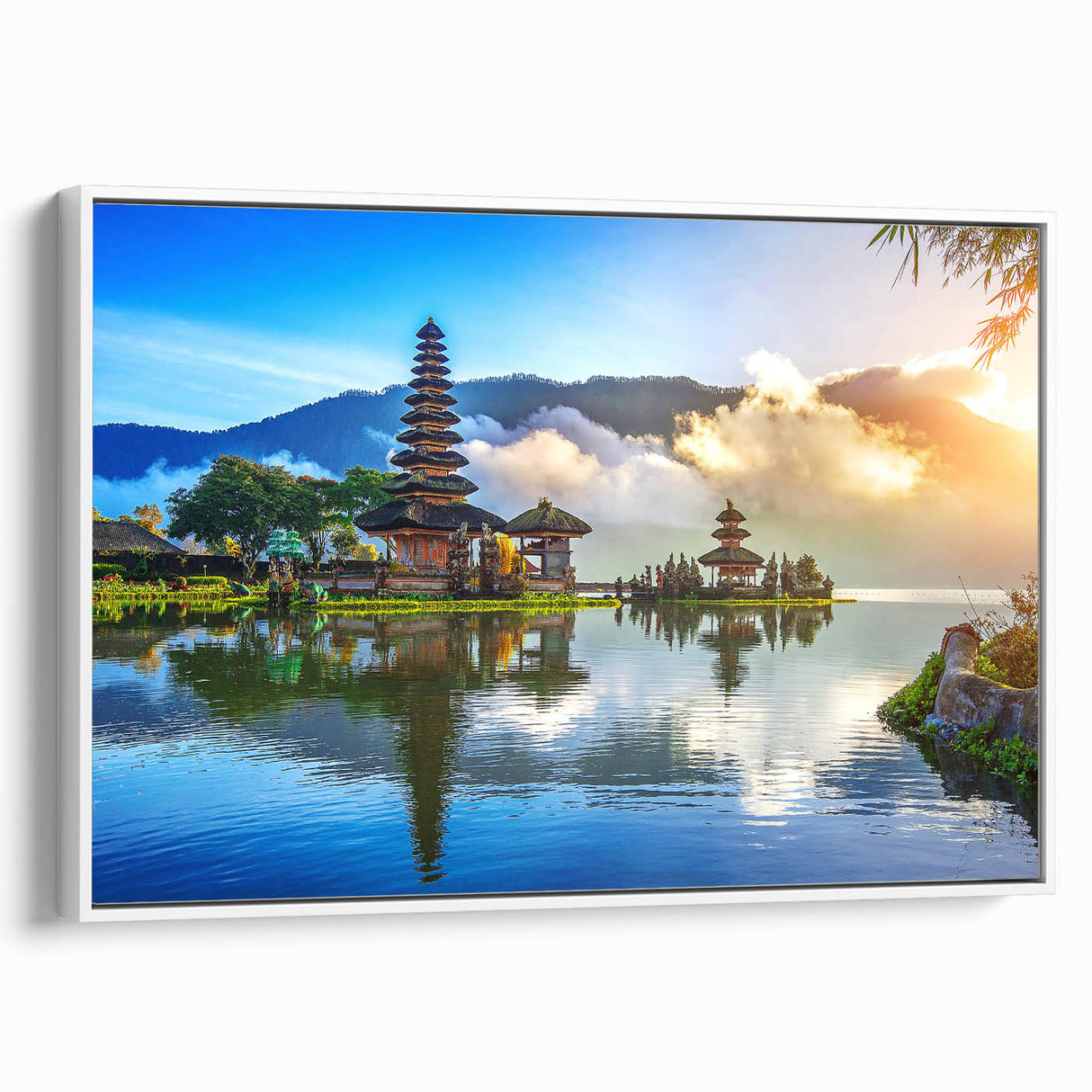 Vintage poster art of an Indonesian landscape in vibrant colors on extra large framed canvas, ideal for living room decor.