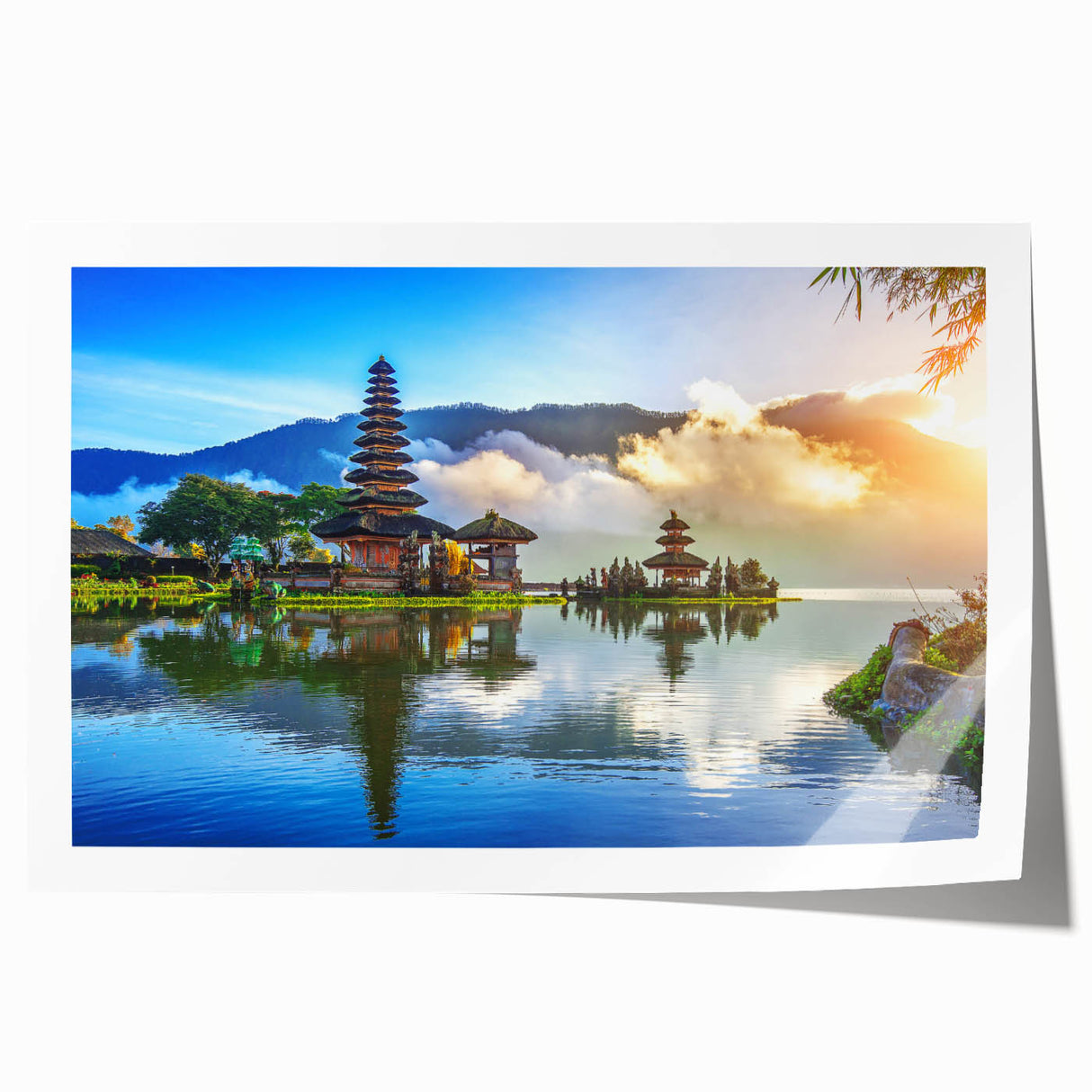Rolled print of a serene Indonesian landscape with soft green and blue tones, ideal for dining room wall art.