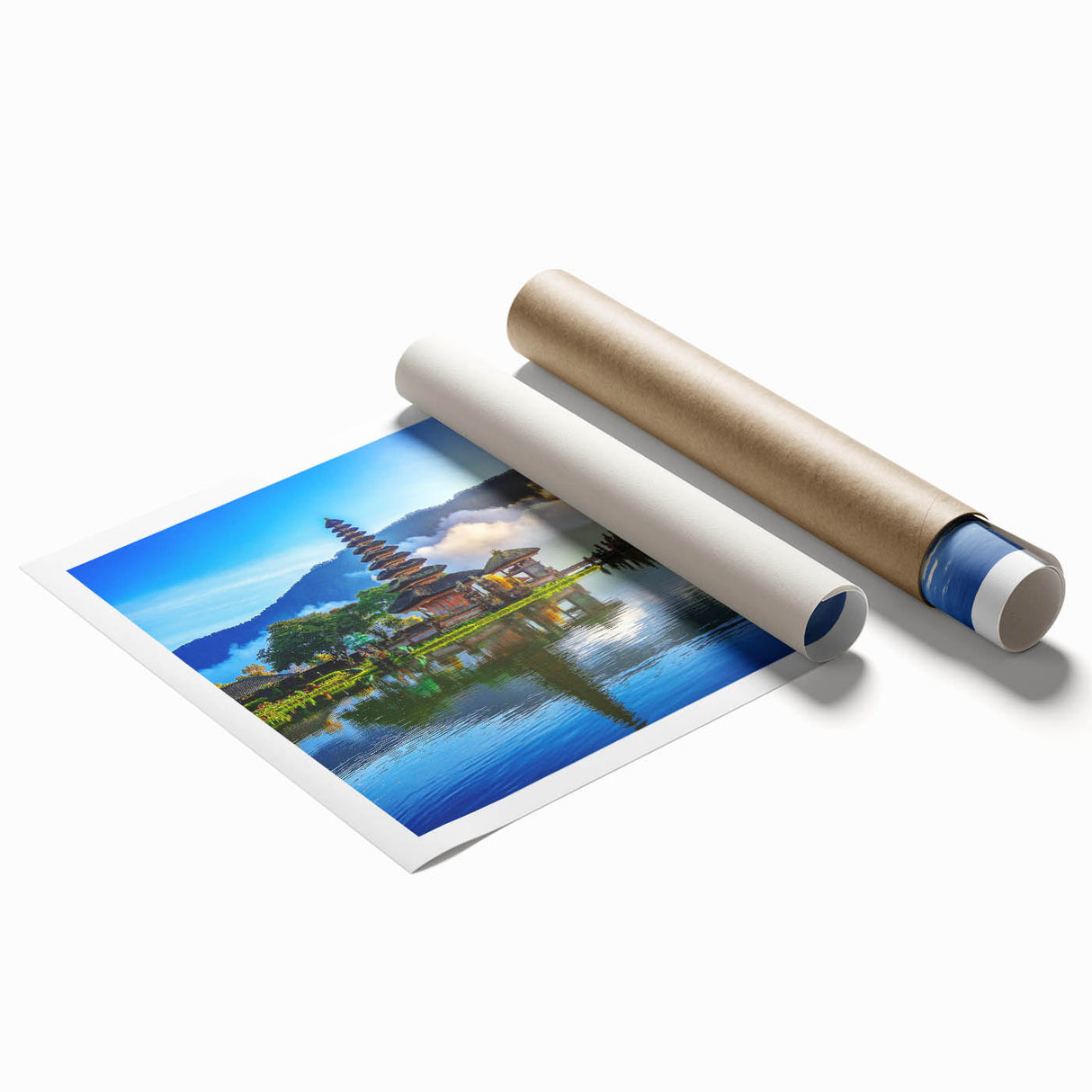 Extra large rolled print of a serene Indonesian landscape with vibrant green flora, ideal for classy bathroom wall art.