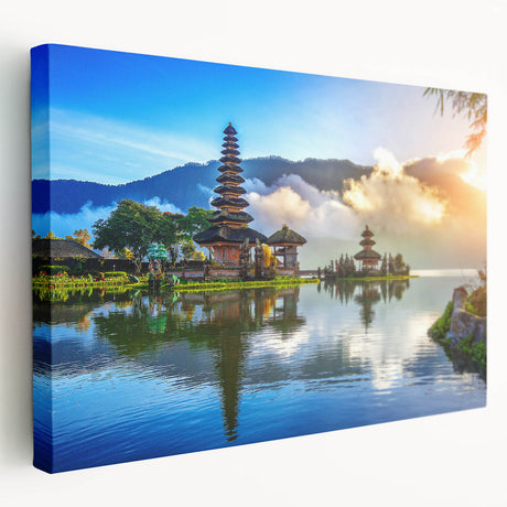 Large art depicting a serene Indonesian landscape on stretched canvas, with lush green tones, ideal for kitchen wall art.