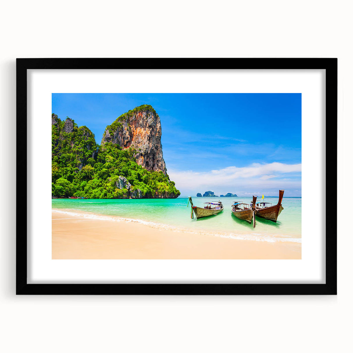 Extra large abstract art print featuring textured, colorful imagery of a Thai landscape on a black framed canvas.