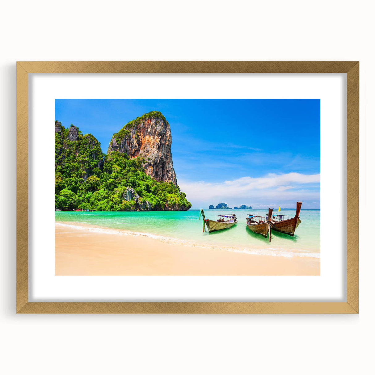 Extra large abstract art print depicting a textured scenery of Thailand in muted gold and green hues, framed with a gold mat.