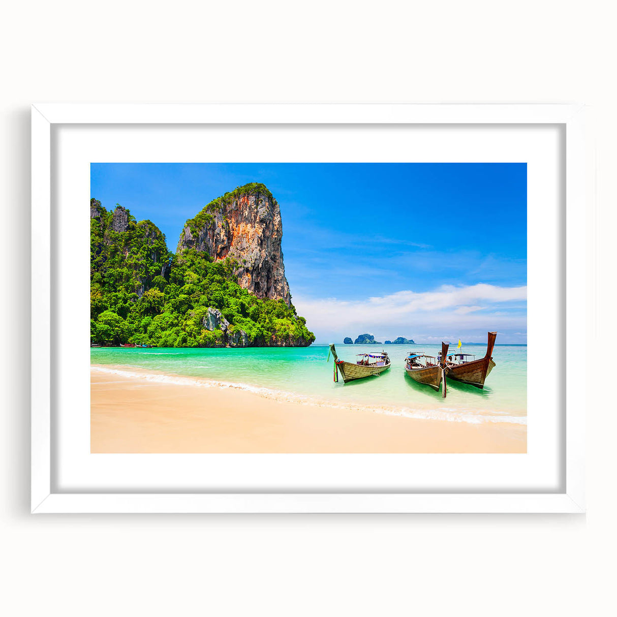 Abstract art print depicting a serene Thai landscape in muted green and blue tones, framed in white.