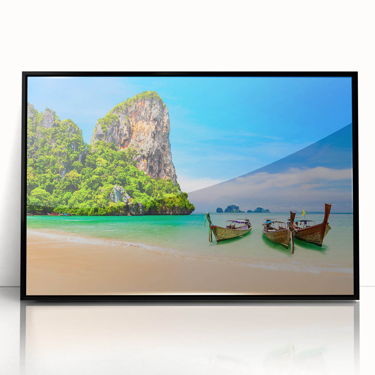 Large abstract wall art depicting a serene Thai landscape in muted green and blue tones, framed in black acrylic.