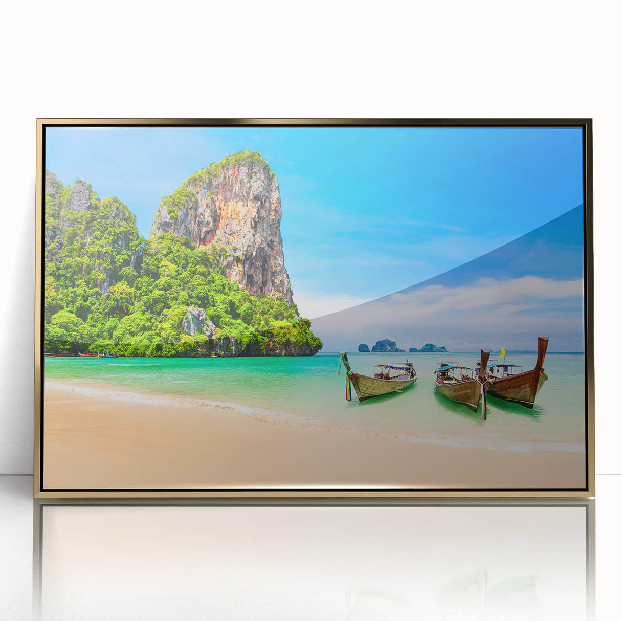 Framed acrylic print of a serene Thai landscape in muted gold and green tones, ideal for modern art wall decor.