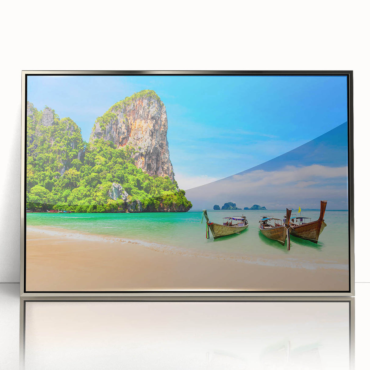 Mid-century modernist art depicting a serene Thai landscape in muted green and blue tones, acrylic print framed in silver.