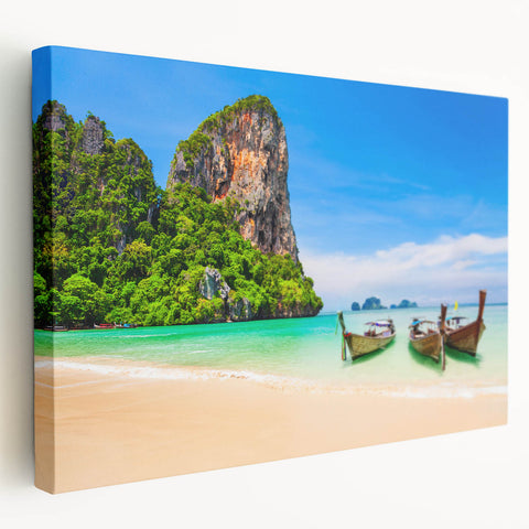 Large art print of a serene Thai landscape on stretched canvas, featuring lush greenery and tranquil waters.