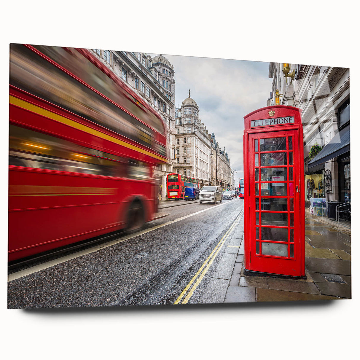 Large abstract depiction of the London skyline in muted blue and gray tones on acrylic glass.