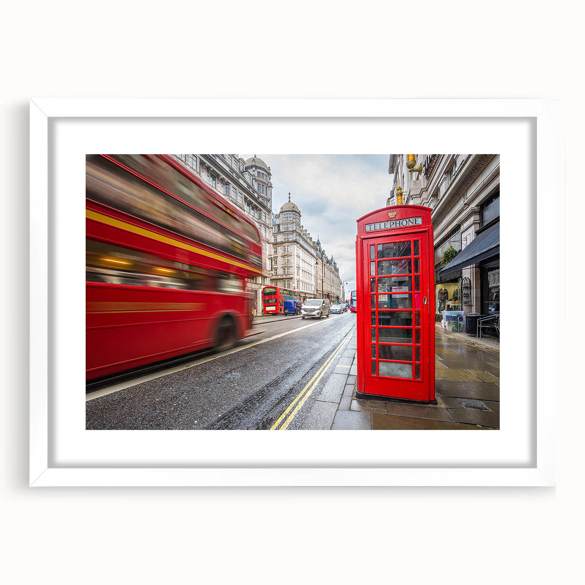 Textured art print of an abstract London skyline in muted gray and blue tones on a framed white mat, ideal for bedroom decor.