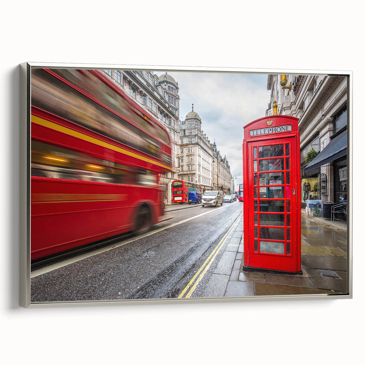 Landscape art painting of the London skyline on framed canvas, featuring muted gray and black tones with colorful accents.