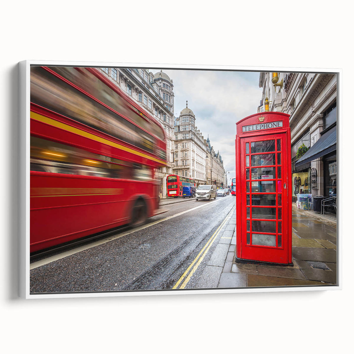 Vintage poster art of London scenery, featuring colorful art on a white-framed canvas, ideal for living room decor.