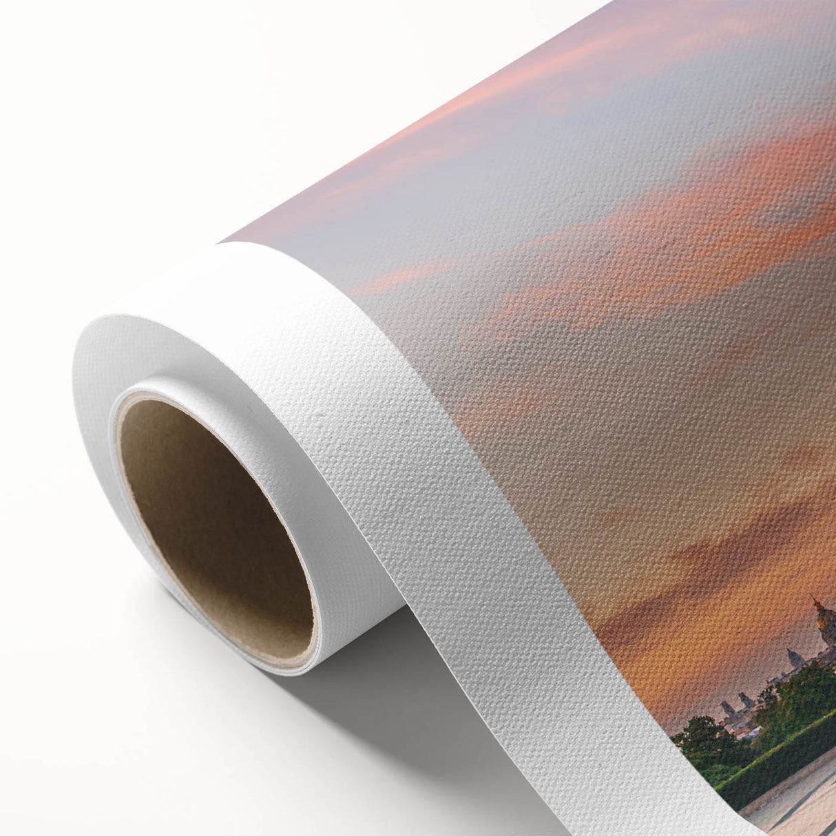 Art deco poster of Paris scenery in pastel shades on rolled canvas, ideal for nursery wall art.