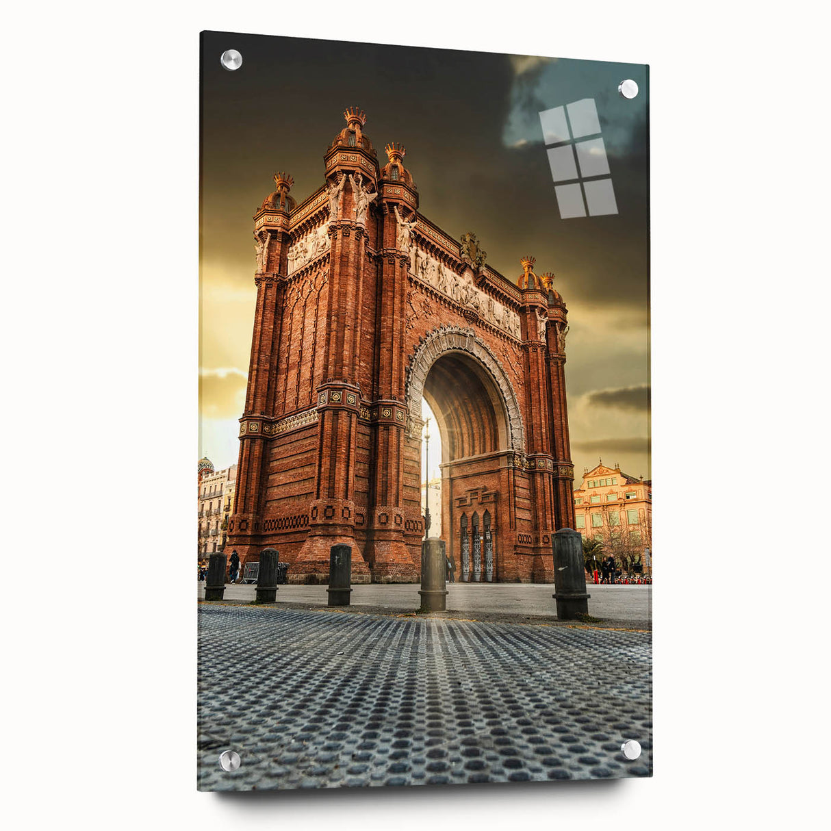 Acrylic print of a large abstract depiction of Barcelona with vibrant hues of blue and orange, ideal for dining room decor.